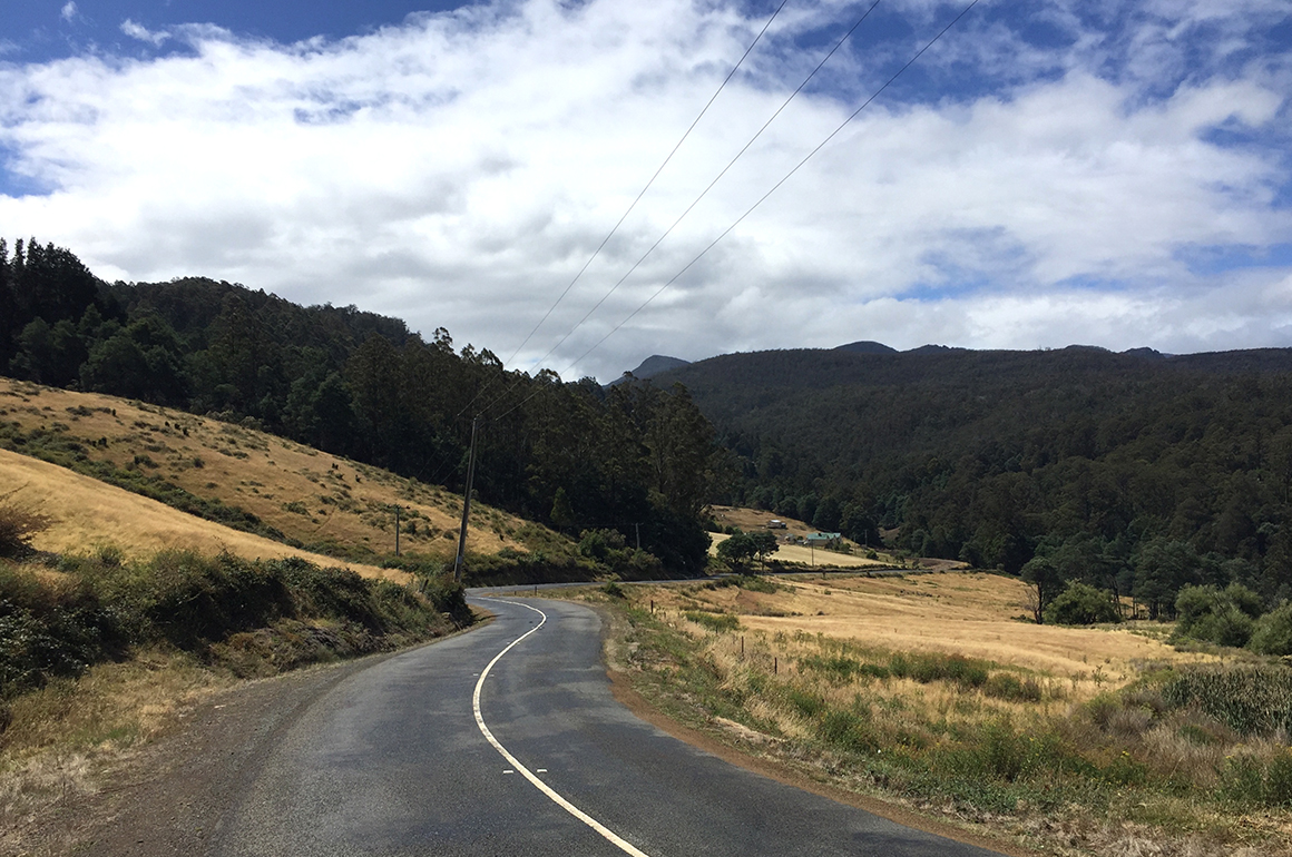 Glooiende weg op Tasmanië